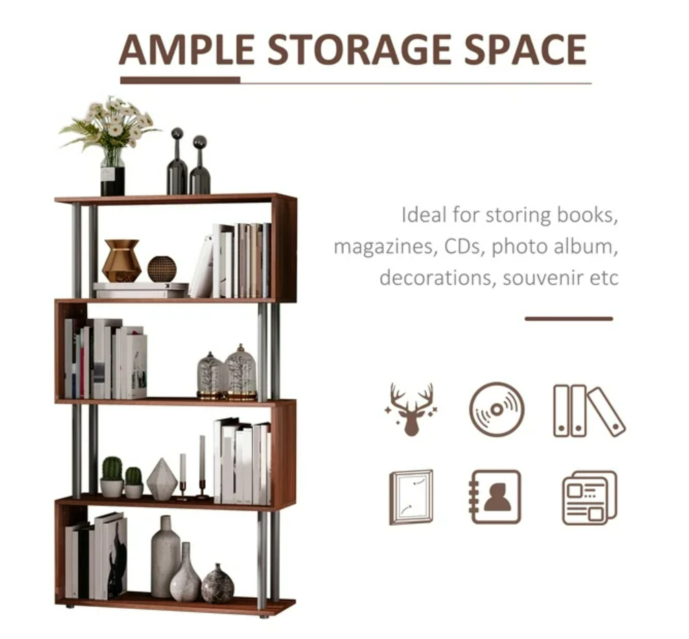 Contemporary 4-Tier S-Shape Bookcase