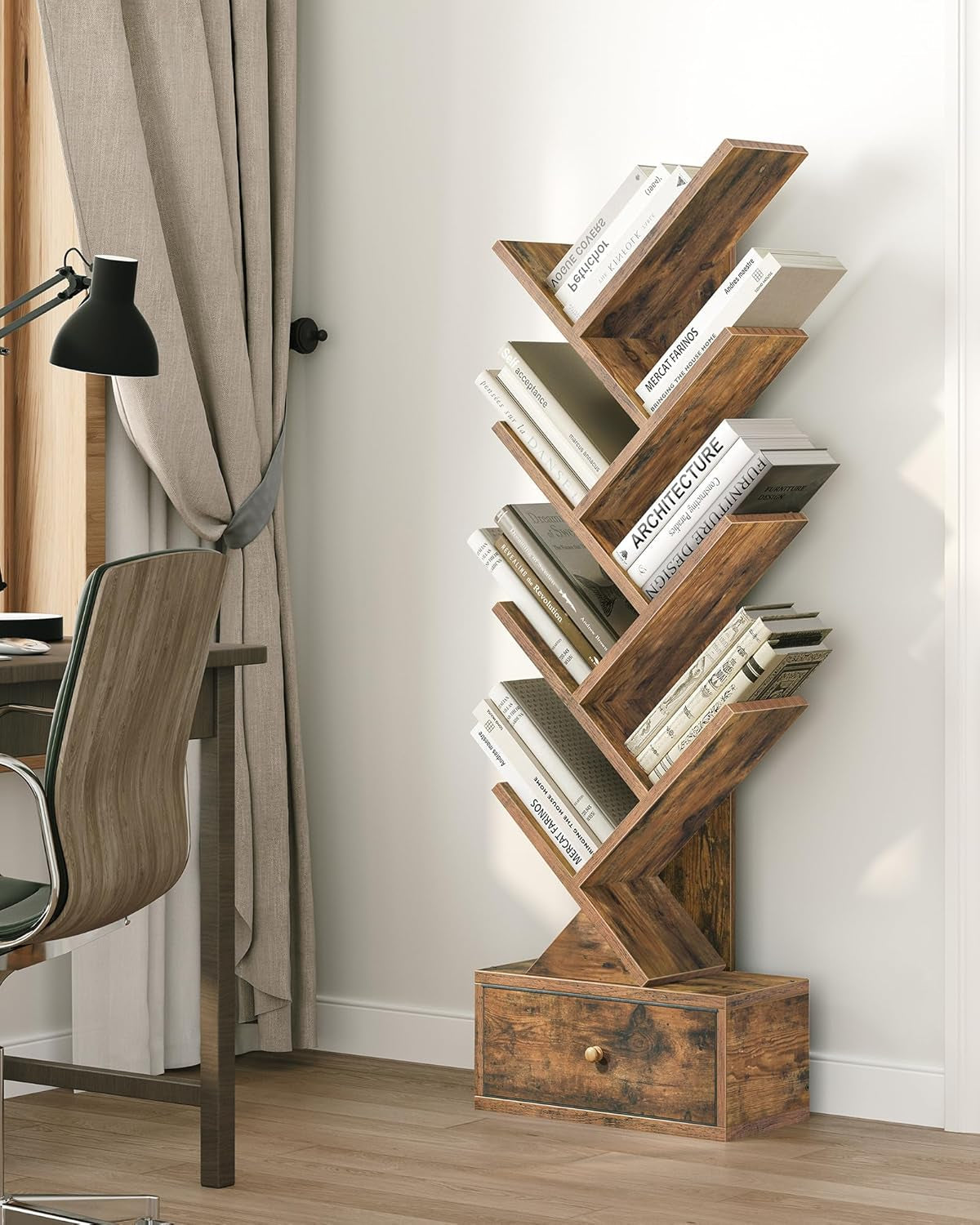 9-Tier Tree Bookshelf with Drawer