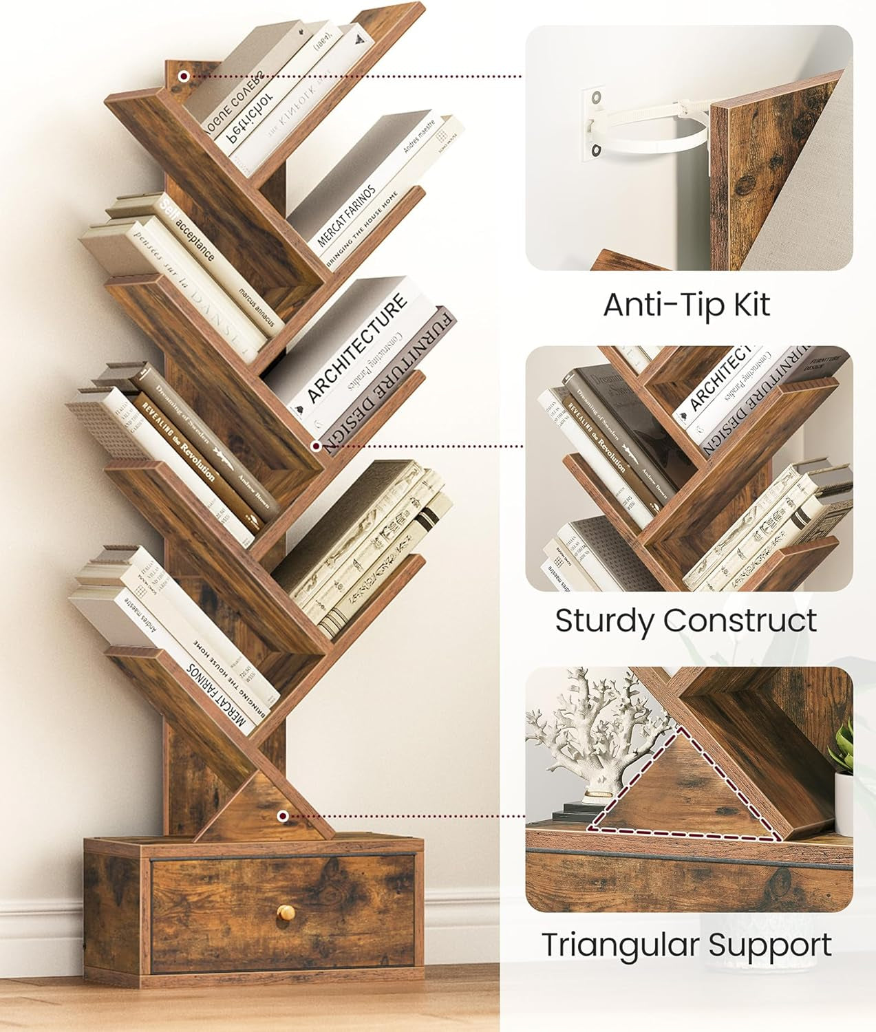9-Tier Tree Bookshelf with Drawer
