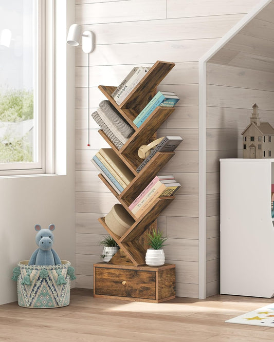 9-Tier Tree Bookshelf with Drawer